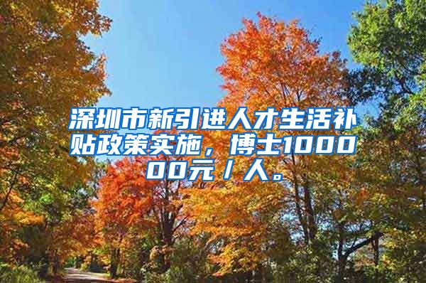 深圳市新引进人才生活补贴政策实施，博士100000元／人。